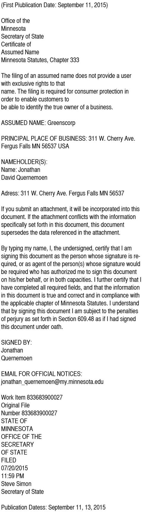 0911 Assumed Name Greenscorp Archive Fergusfallsjournal Com