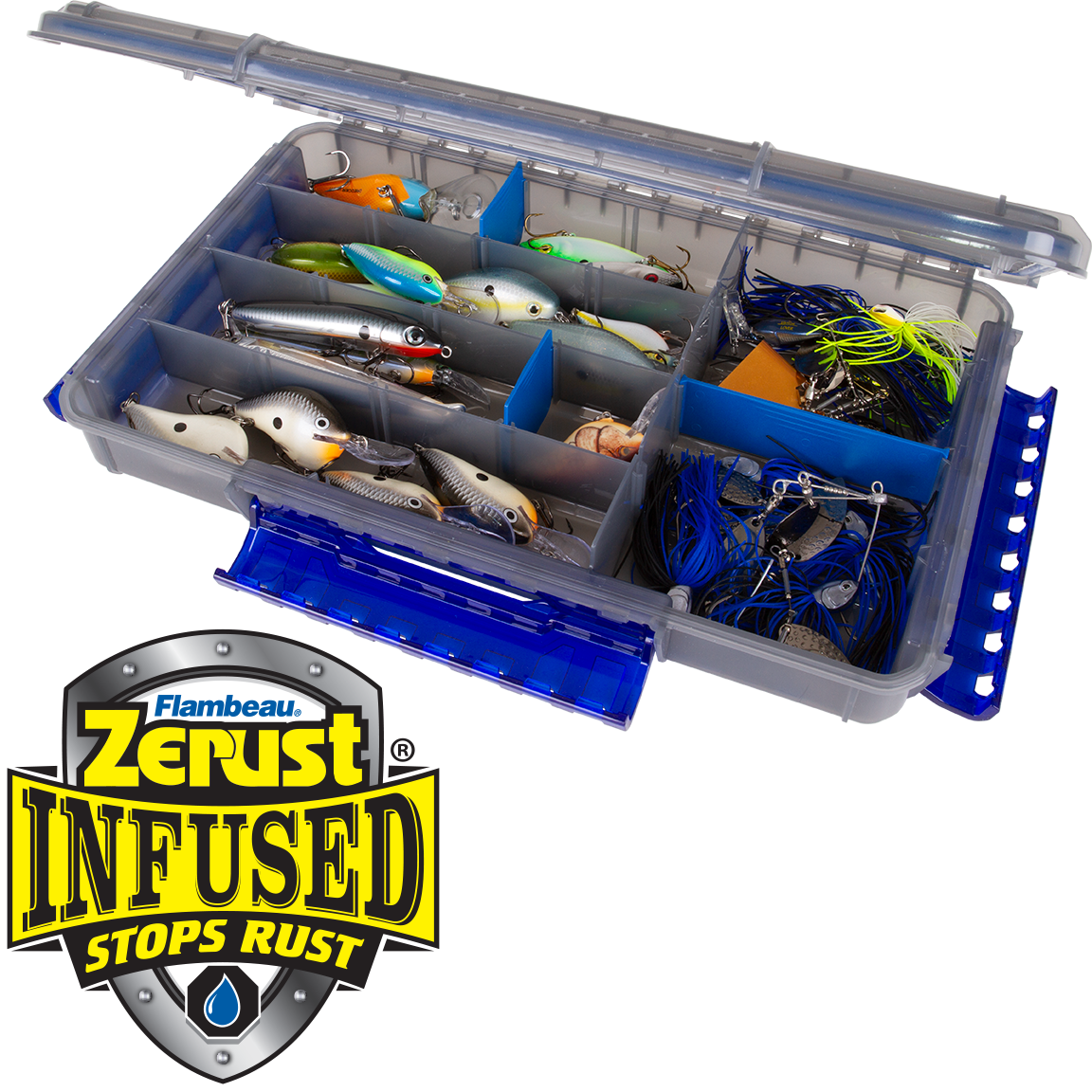 flambeau saltwater tackle box Outdoors 6383 3-Tray Box, 32 Compartments, Red and Gray corrosion Zerust technology Lockable Any items/lures pictured with the Maximizer Lure case are NOT included. Flambeau Outdoors Zerust Max Waterproof