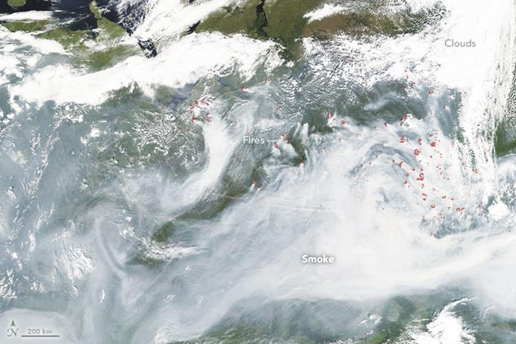 A NASA photograph of Siberia from space of the wild fires fueled in part by natural gas. Many of these fires simply cannot be put out. This photo spans 1,800 miles