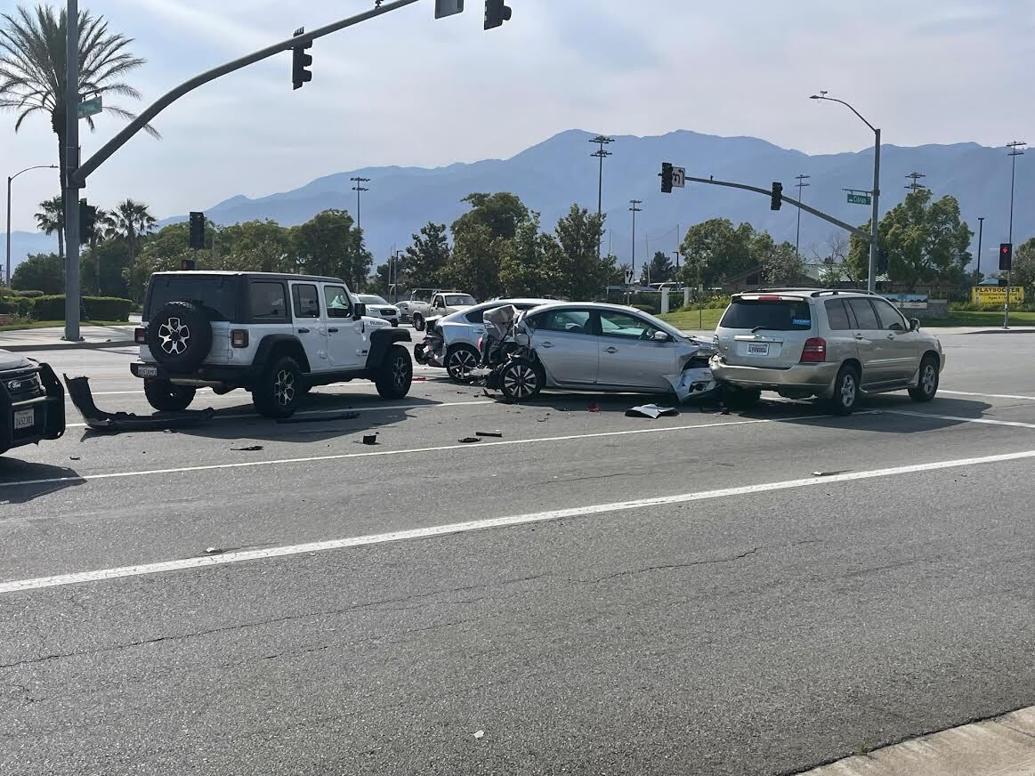 One person is hospitalized after fourvehicle crash in northern Fontana