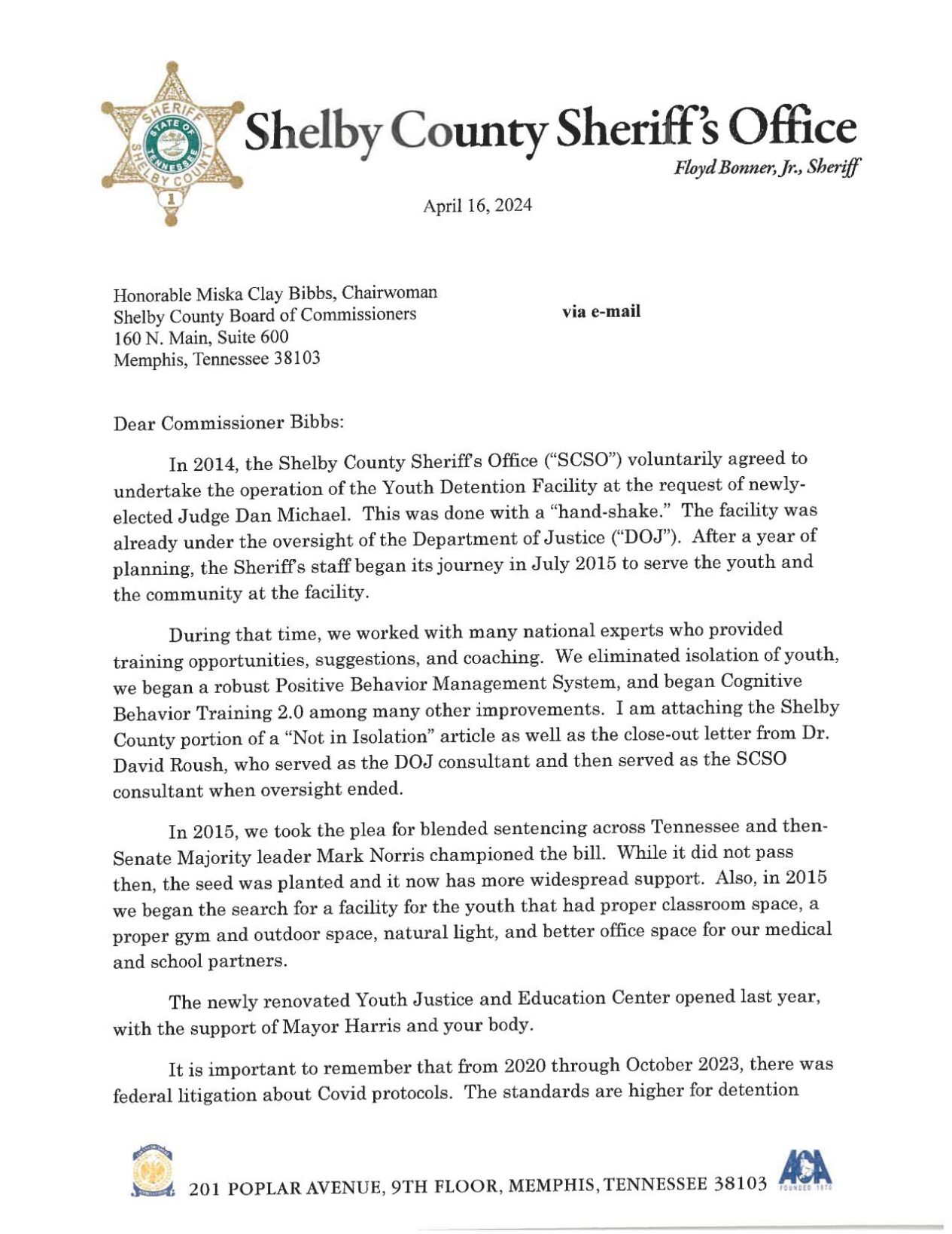 Shelby County Sheriff Floyd Bonner Letter