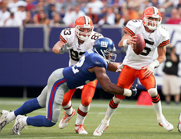 New York Giants Michael Strahan reacts to a sack in week 13 at Giants  Stadium in East Rutherford, New Jersey on December 4, 2005. The New York  Giants defeated the Dallas Cowboys