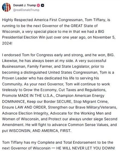 Tom Romenesko Wisconsin President Trump endorses Rep. Tom Tiffany for Wisconsin governor ...