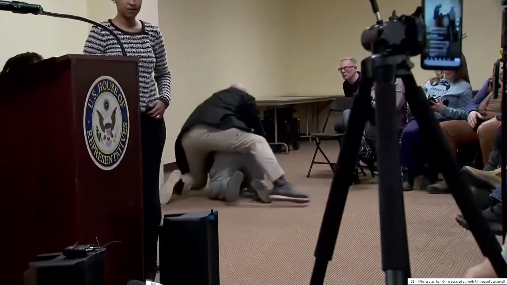 Man sprays unknown substance on Rep. Ilhan Omar and is tackled at ...