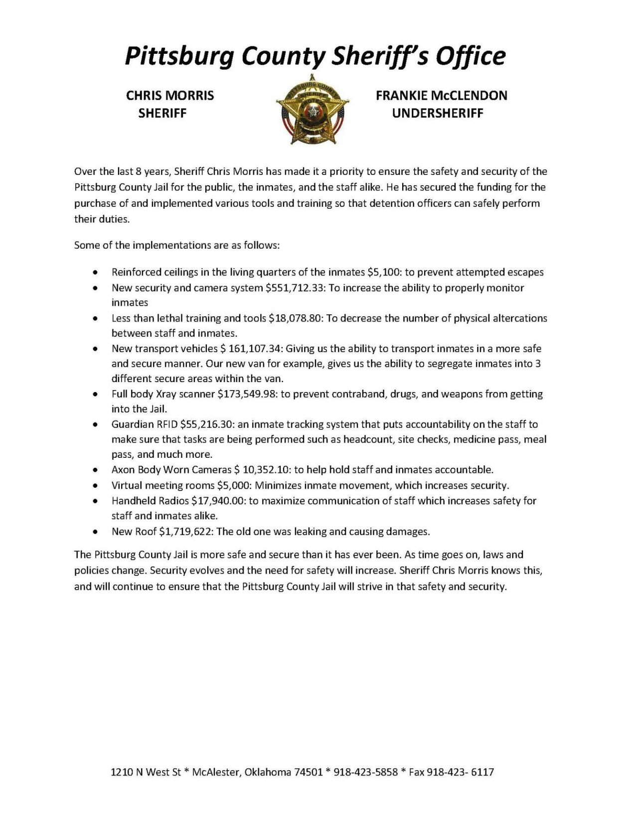 Pittsburg County Sheriff's Office announces upgrades made to the jail ...