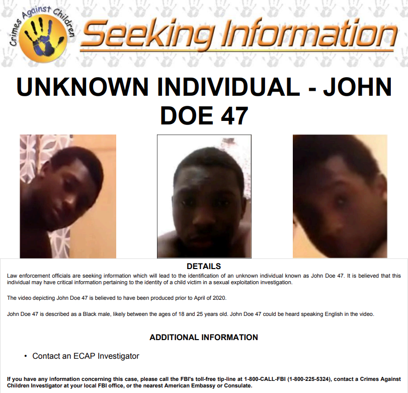 FBI seeks to ID 'John Doe 44' in child sexual exploitation case