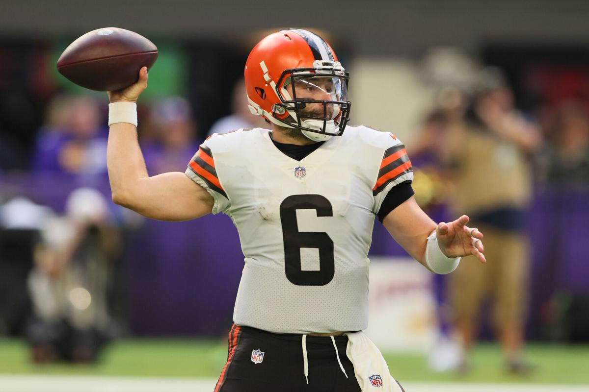 Baker Mayfield of the Cleveland Browns throws a pass during the second quarter against the Minnesota Vikings at U.S. Bank Stadium on Sunday, Oct. 3, 2021 in Minneapolis, Minnesota.