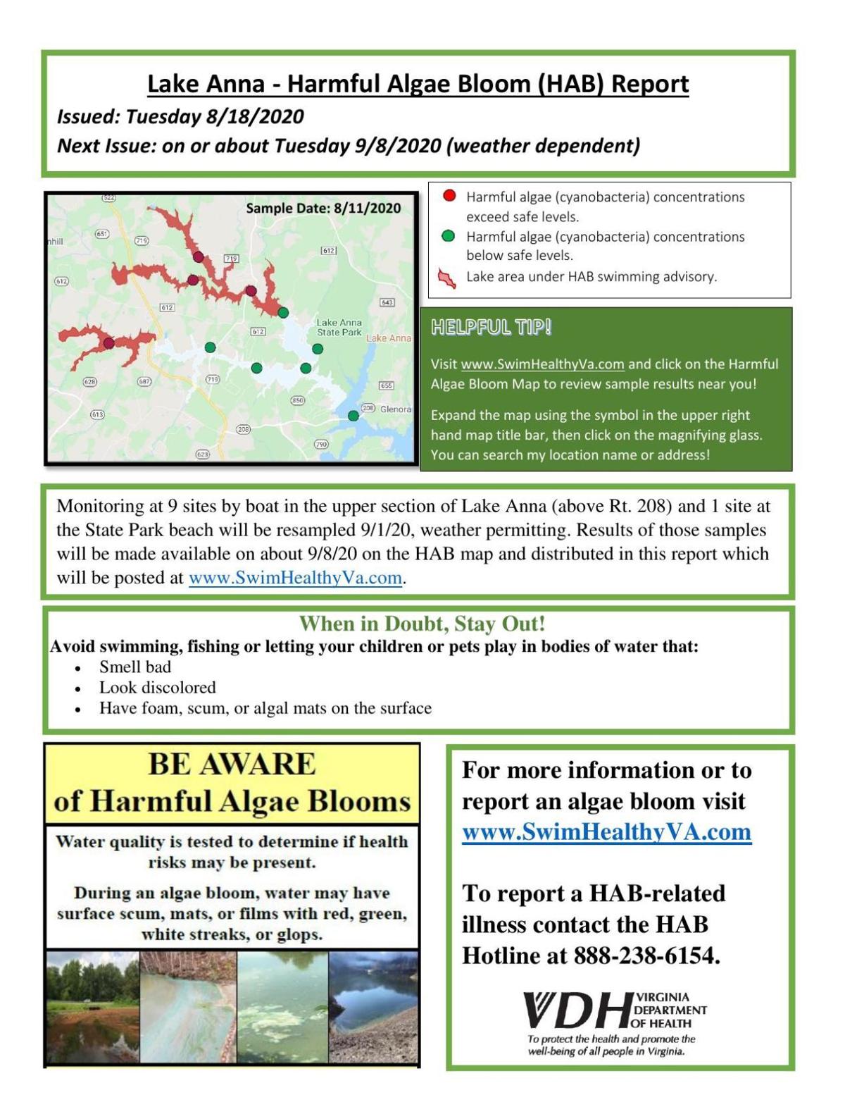 Harmful algae blooms close off swimming in parts of Lake Anna