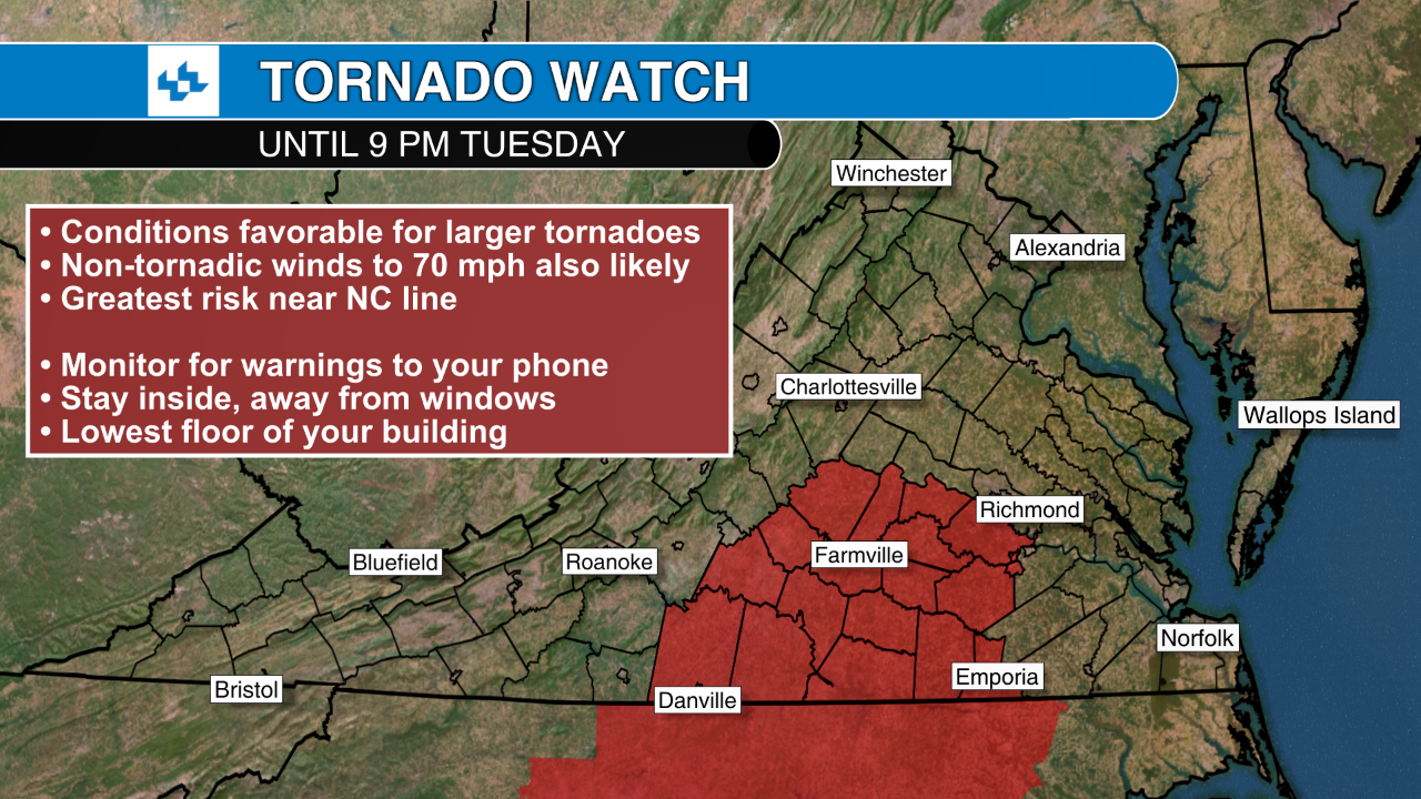 Tuesday afternoon Virginia storm update Tornado Watch