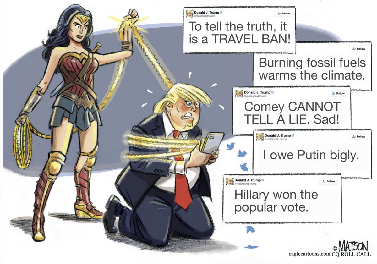 Wonder Woman lassos Trump, in . Matson's latest political cartoon