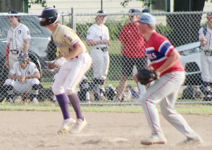 Brayden Harms leads off second base in seventh inning