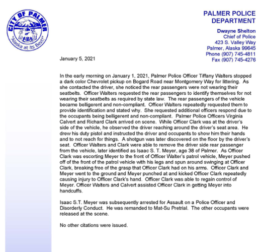 Palmer Police issues statement regarding New Year's Eve traffic stop