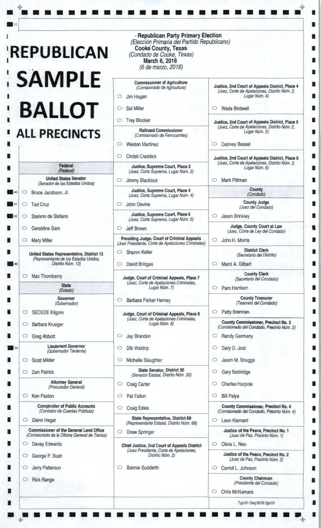 Republican Party sample ballot for 2018 primary election