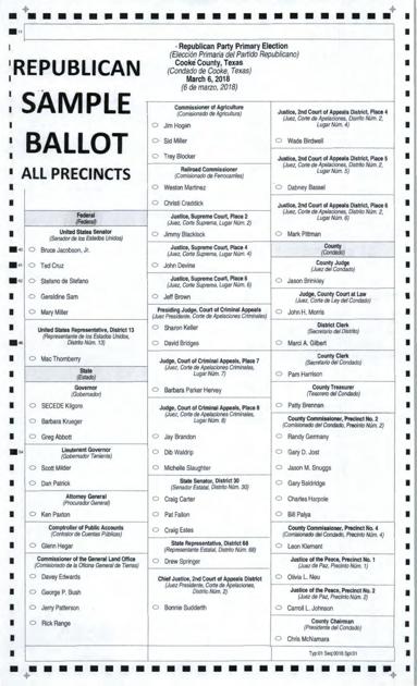 Republican Party Sample Ballot For 2018 Primary Election 