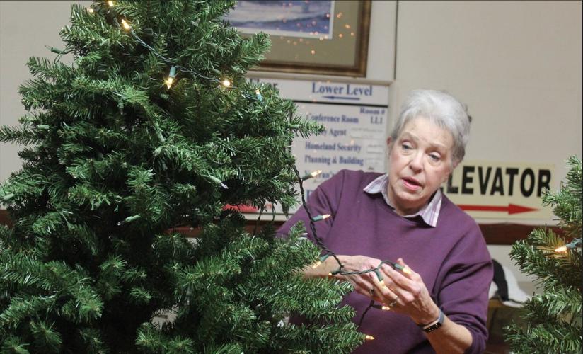 Peg Carver helps to get lights on one of the trees. This year the Tree of Memories will donate funds to Benewh County Search and Rescue, the City of St. Maries for the preservation of the downtown murals/flower project and the Heyburn Playground Equipme...