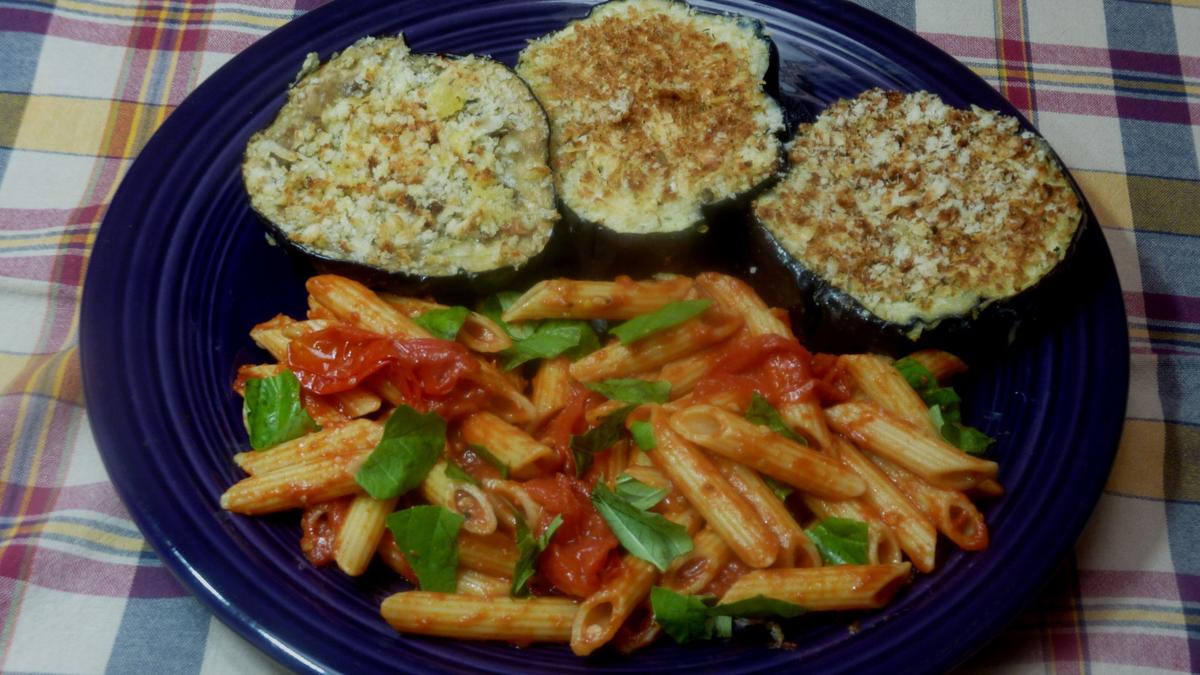 Crispy eggplant makes a creamy vegetarian entree