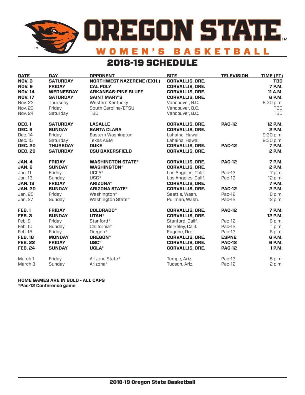 OSU women #39 s basketball 2018 19 schedule gazettetimes com