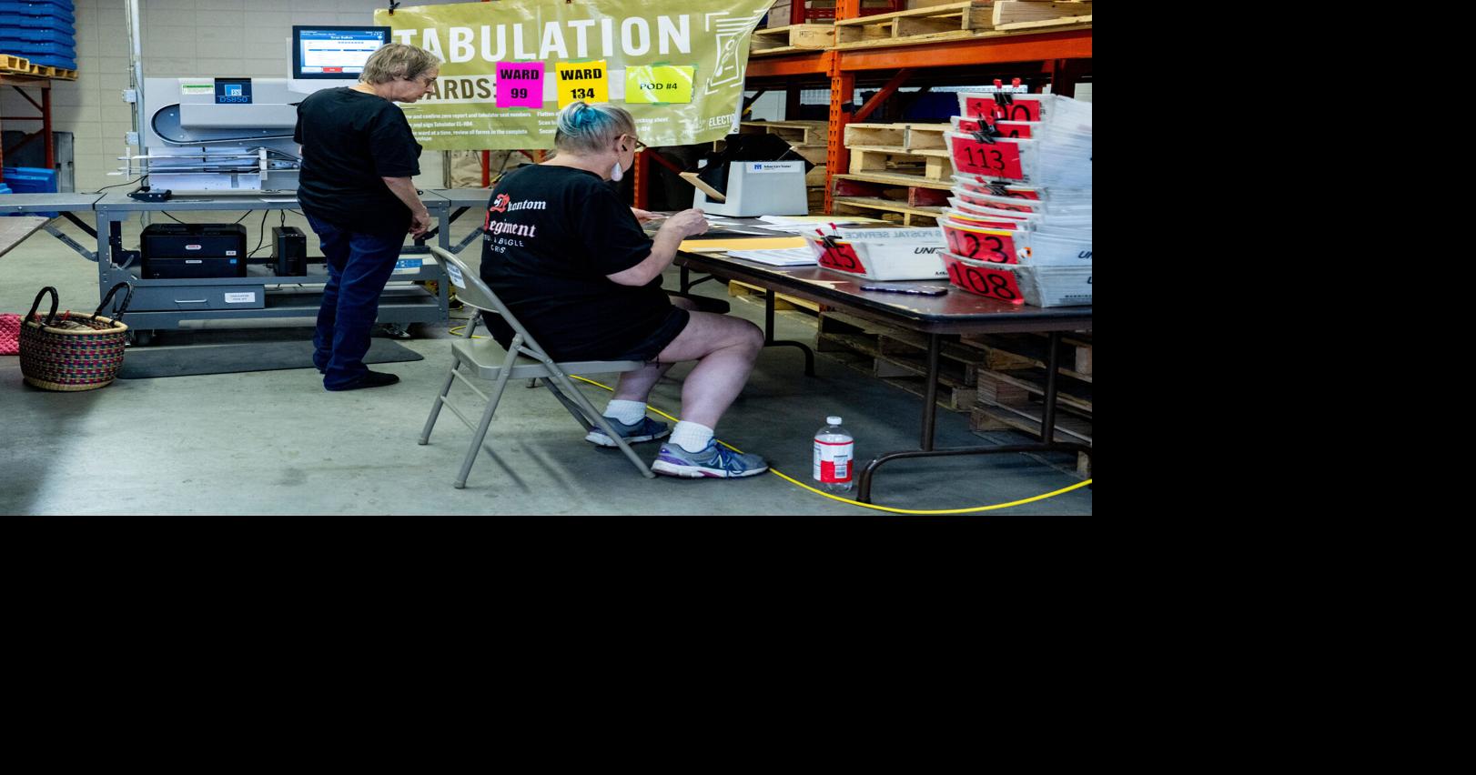 Election workers run absentee ballots through a tabulation machine at the Milwaukee central count in Milwaukee, Wisconsin on Aug. 11, 2026. J