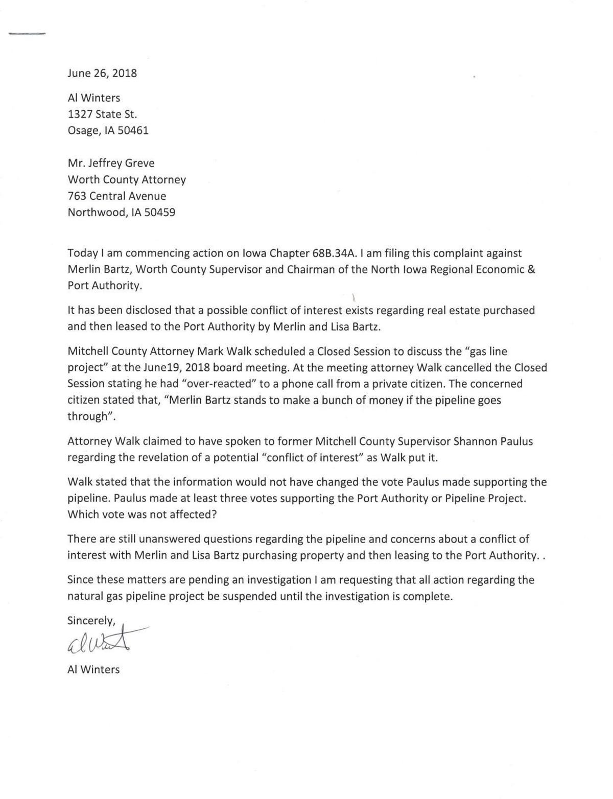 Download PDF Al Winters letter to Worth County Attorney