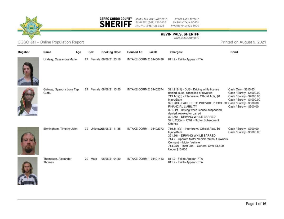 Cerro Gordo County Jail log for August 9