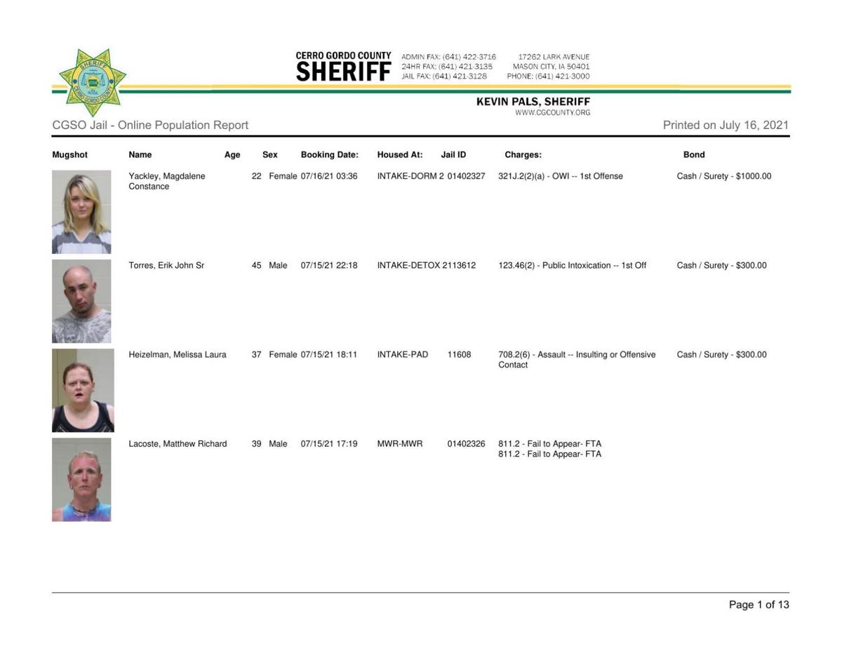 Cerro Gordo County Jail log for July 16