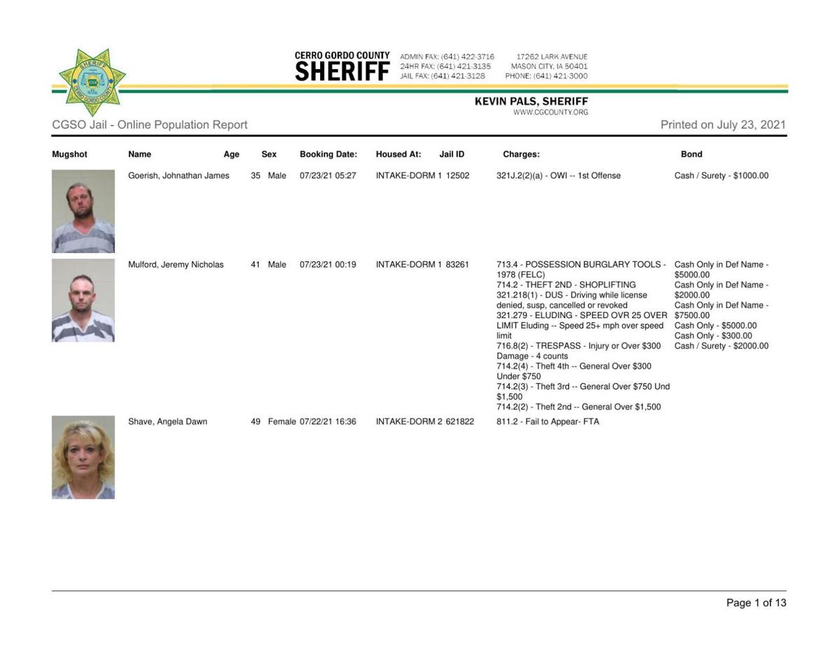 Cerro Gordo County Jail log for July 23
