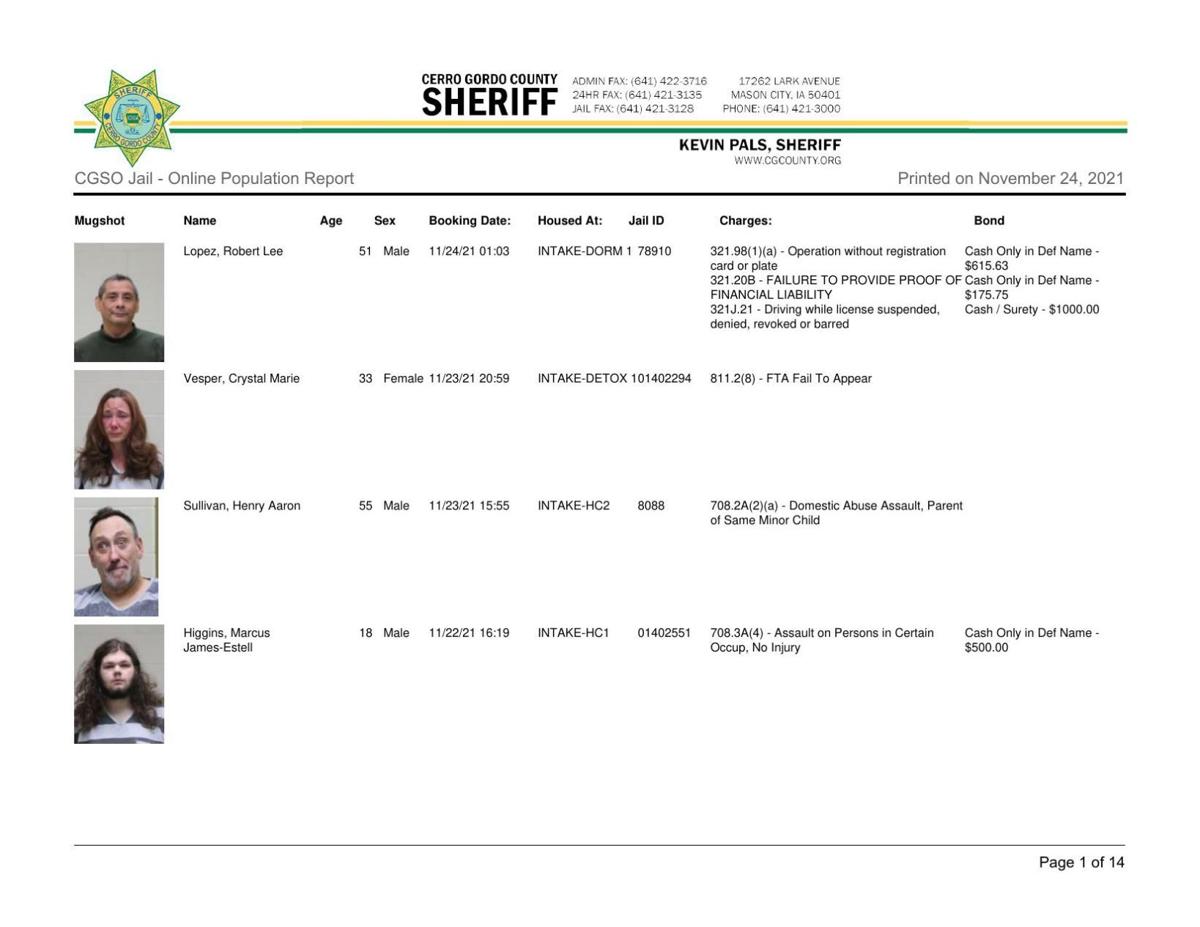Cerro Gordo County Jail log for Nov. 24