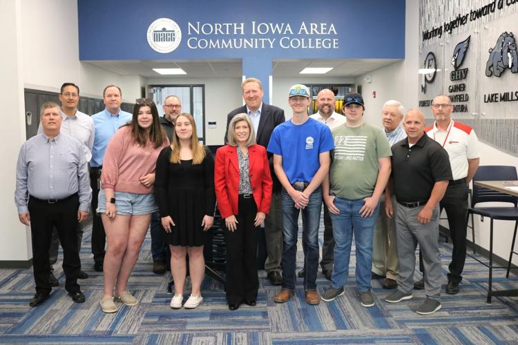 Iowa Senator Joni Ernst is shown with students, educators, and area business and industry representatives on June 1 in Forest City..JPG