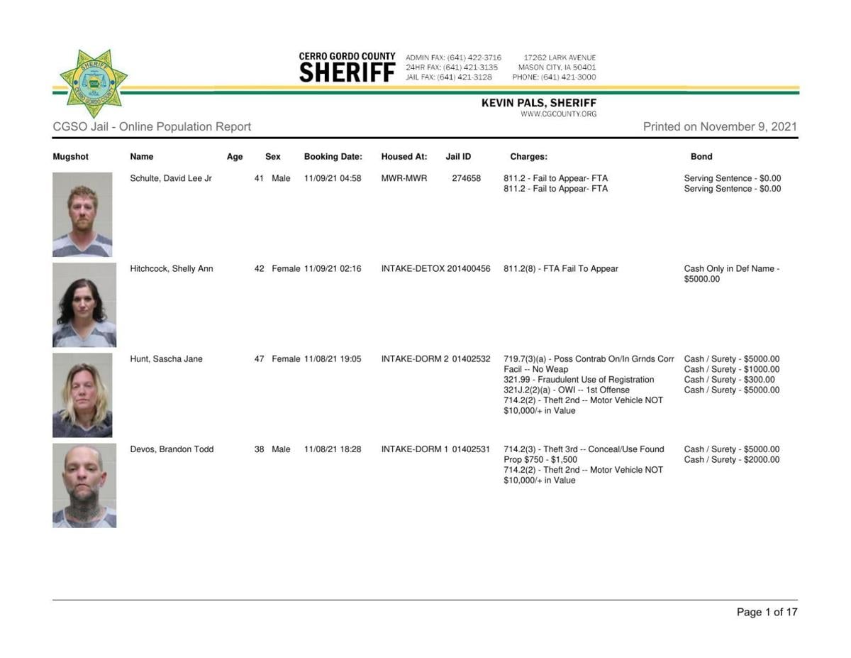 Cerro Gordo County Jail log for Nov. 9