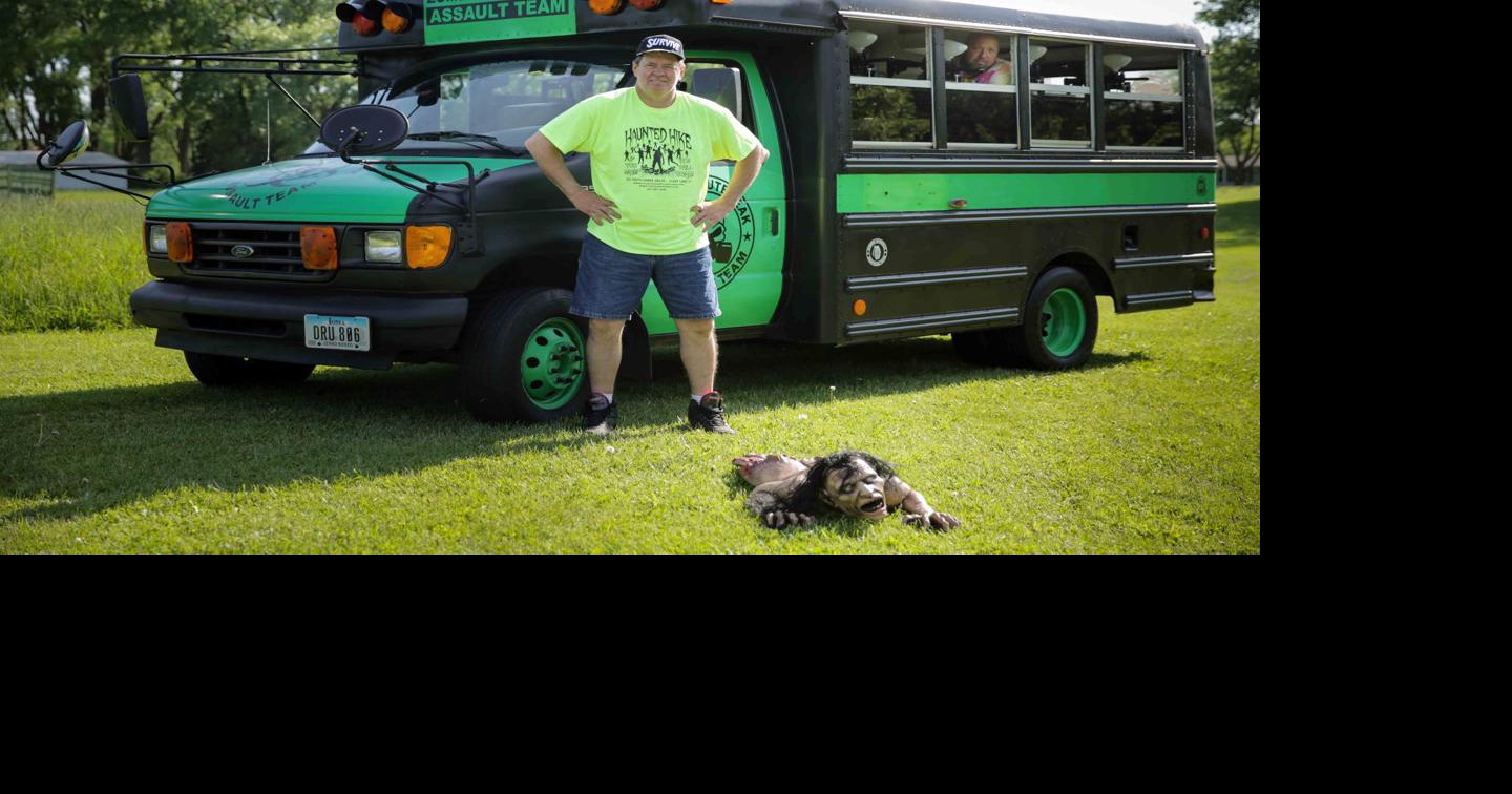 Zombie paintball bus rolling at Clear Lake haunted hike