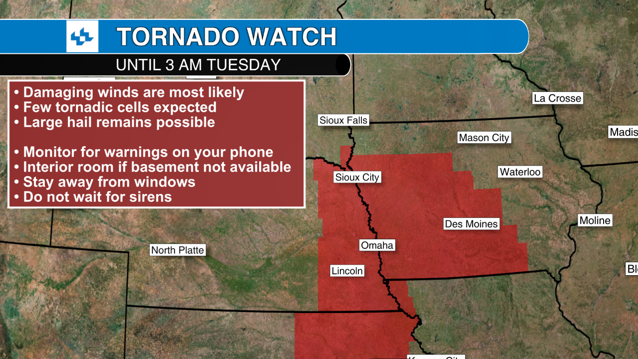 Tornado Watch for much of Iowa Monday night