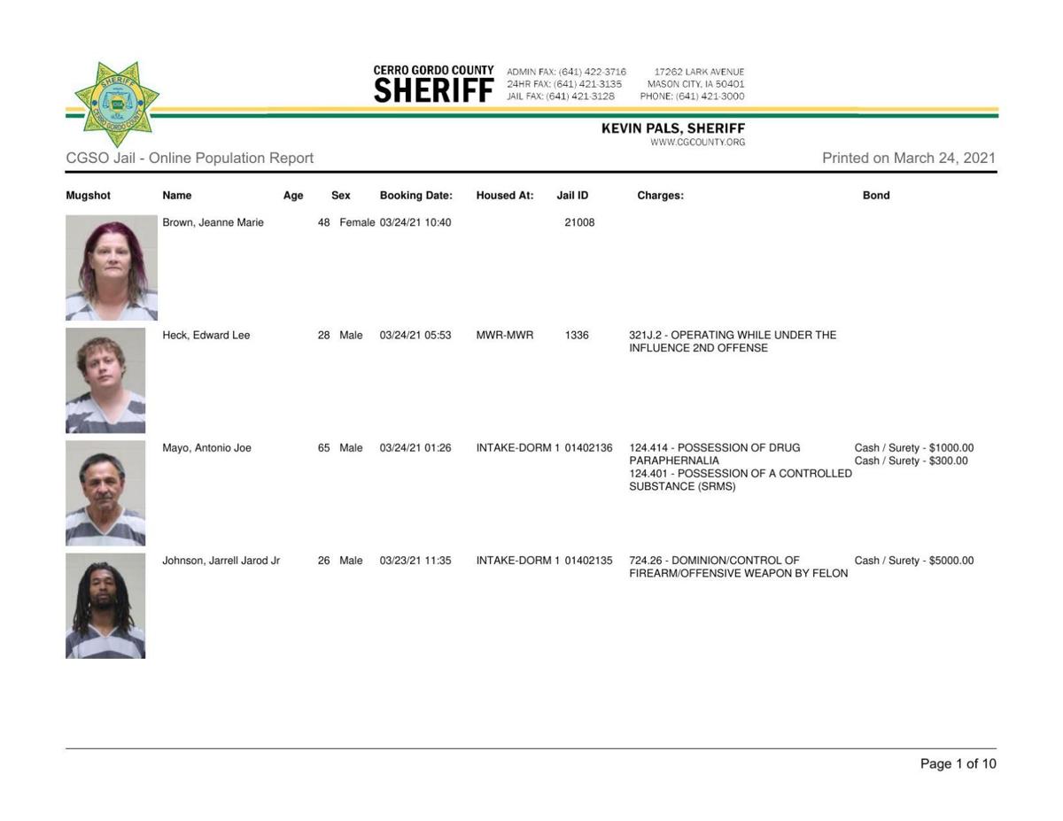 Cerro Gordo County Jail log for March 24