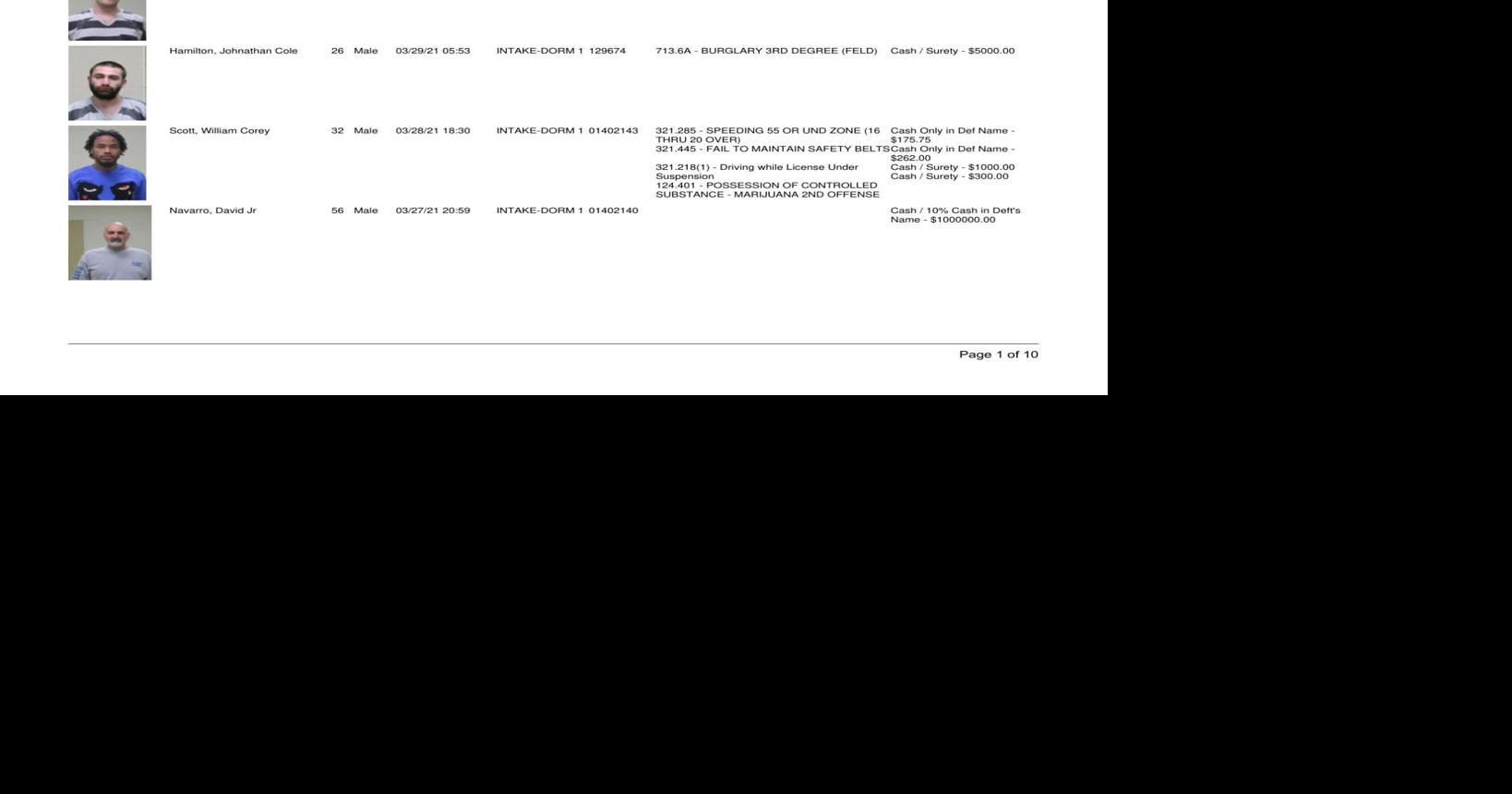 Cerro Gordo County Jail log for March 29