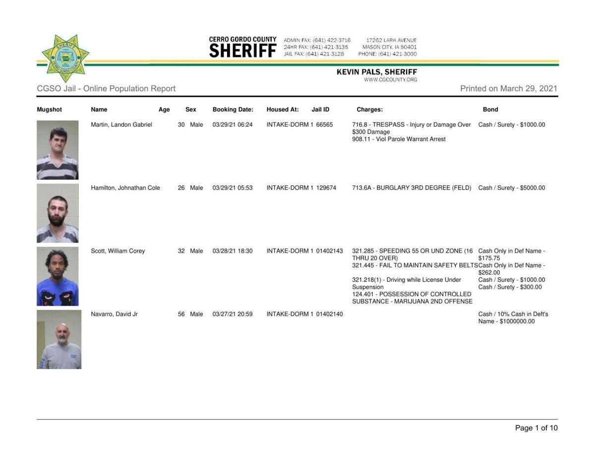 Cerro Gordo County Jail log for March 29