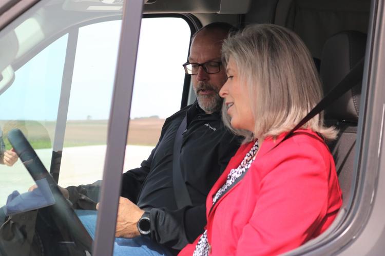Senator Joni Ernst learns how to drive an electric concept vehicle of Winnebago Industries..JPG