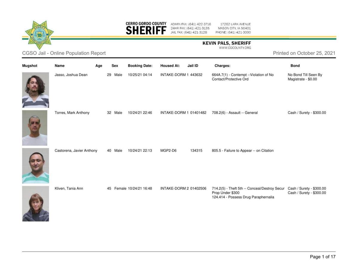 Cerro Gordo County Jail log for Oct. 25