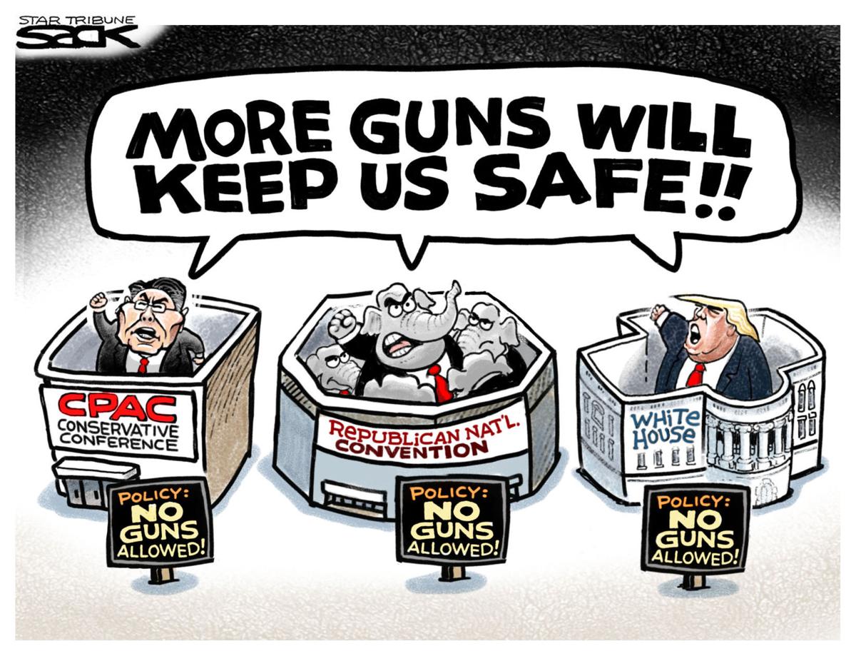 Keeps us safe. Guns allowed. Hypocritical cartoon. Hypocrites. No Guns allowed.