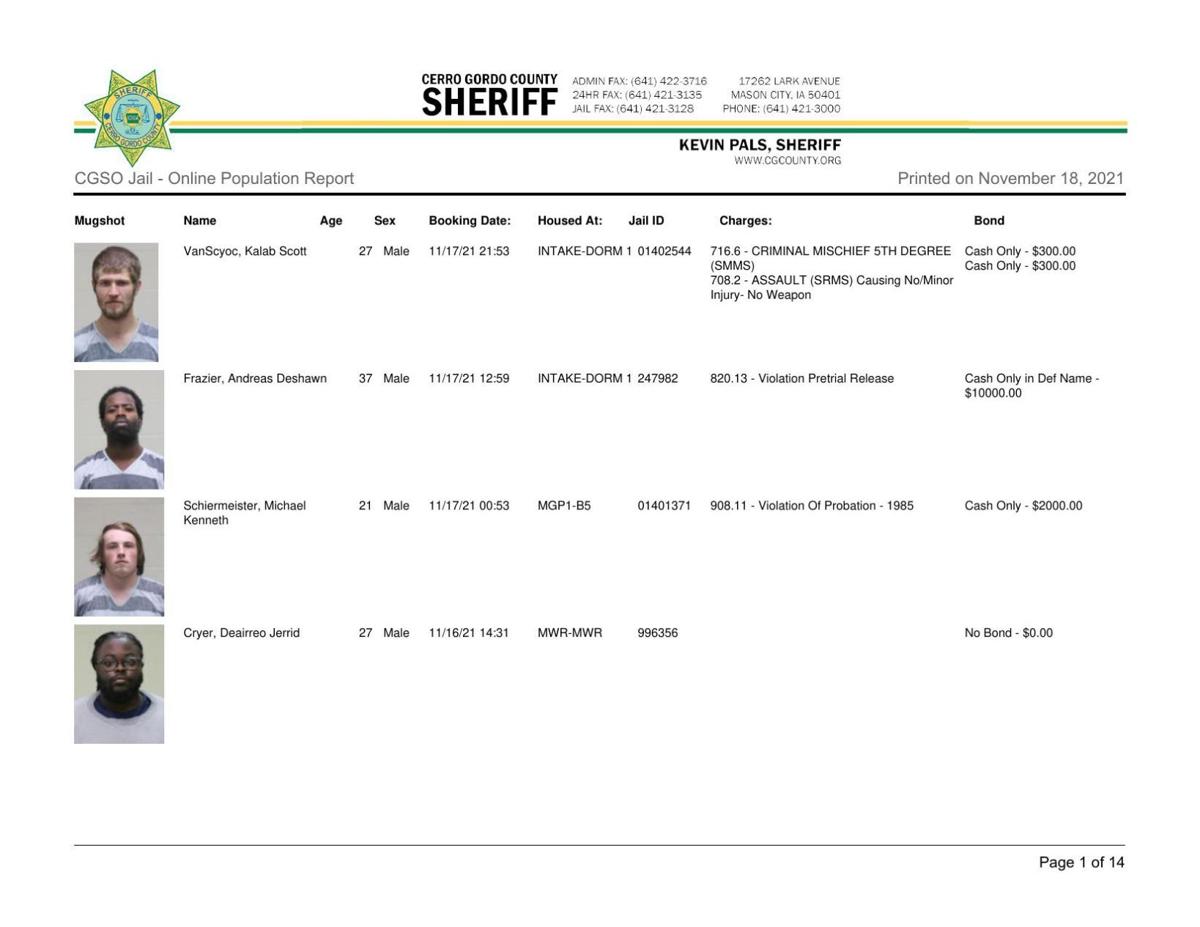 Cerro Gordo County Jail log for Nov. 18