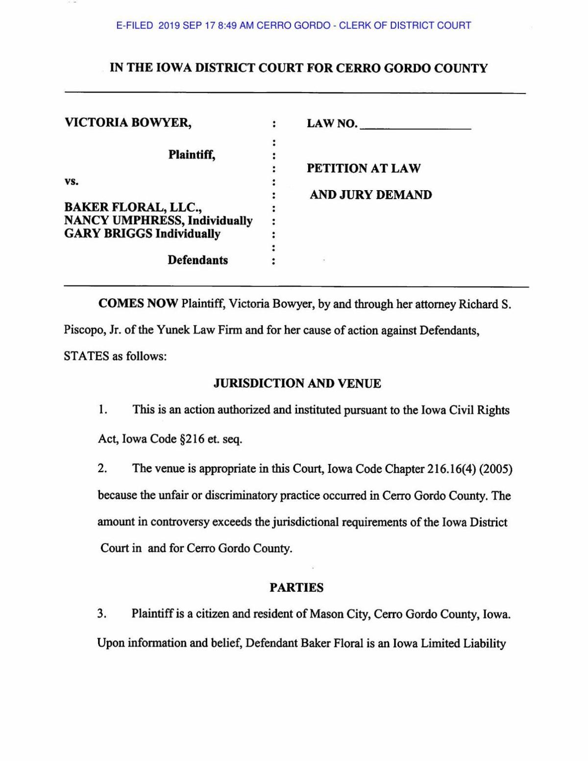 Mason City florist harassment case dismissed