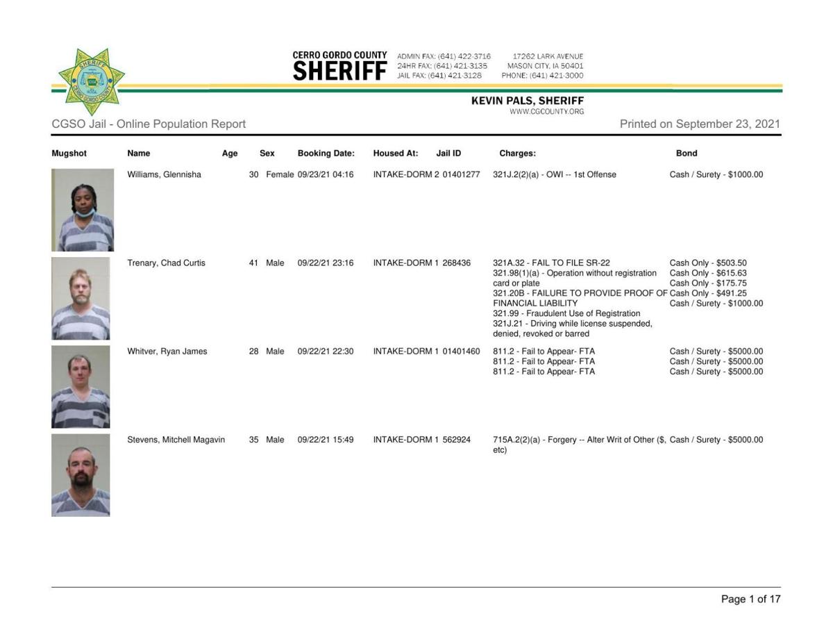 Cerro Gordo County Jail log for September 23
