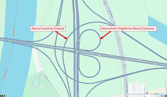 Intermittent Nighttime Ramp Closures on Northbound I-29 Ramp to I-129/U.S. 20 West and U.S. 75 South Begin June 25