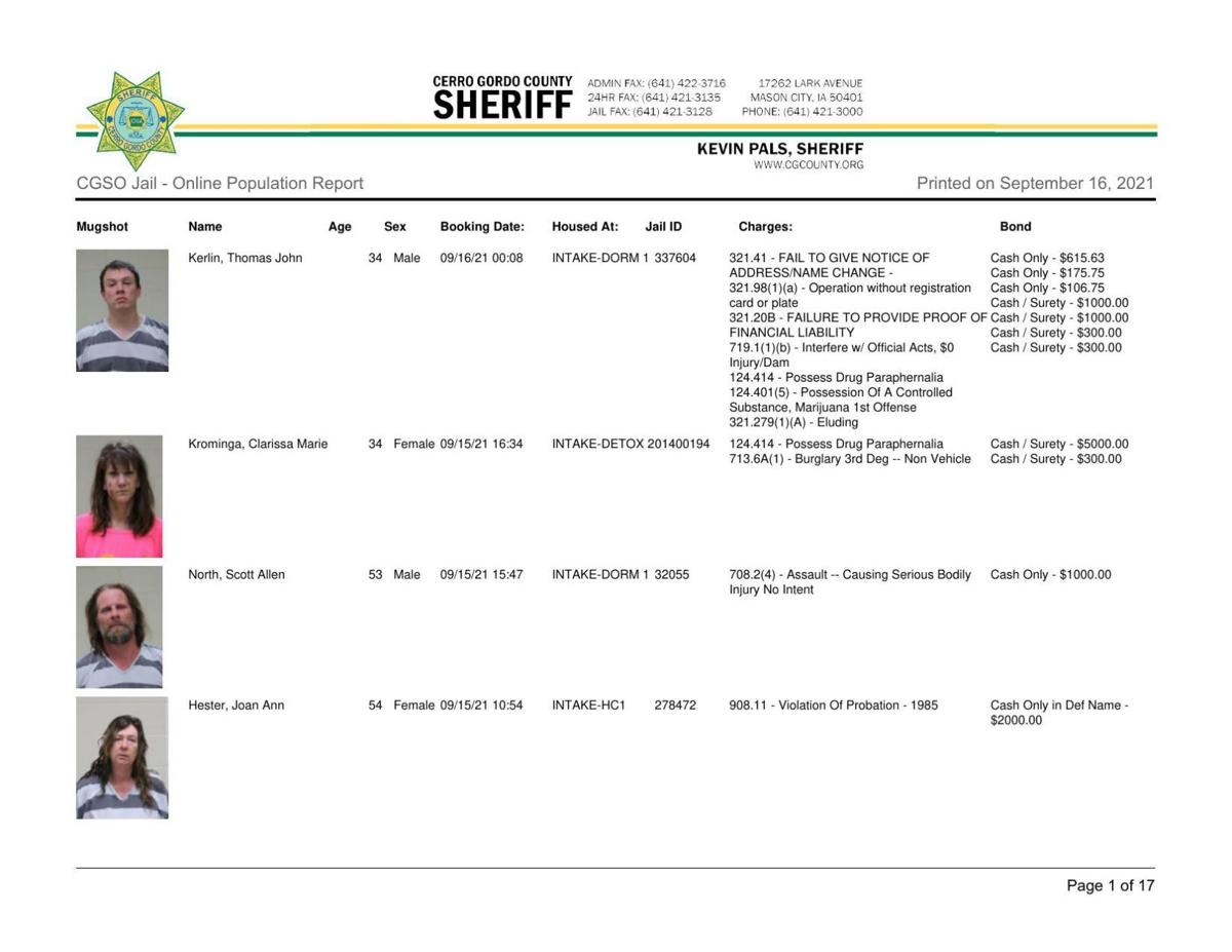 Cerro Gordo County Jail log for September 16