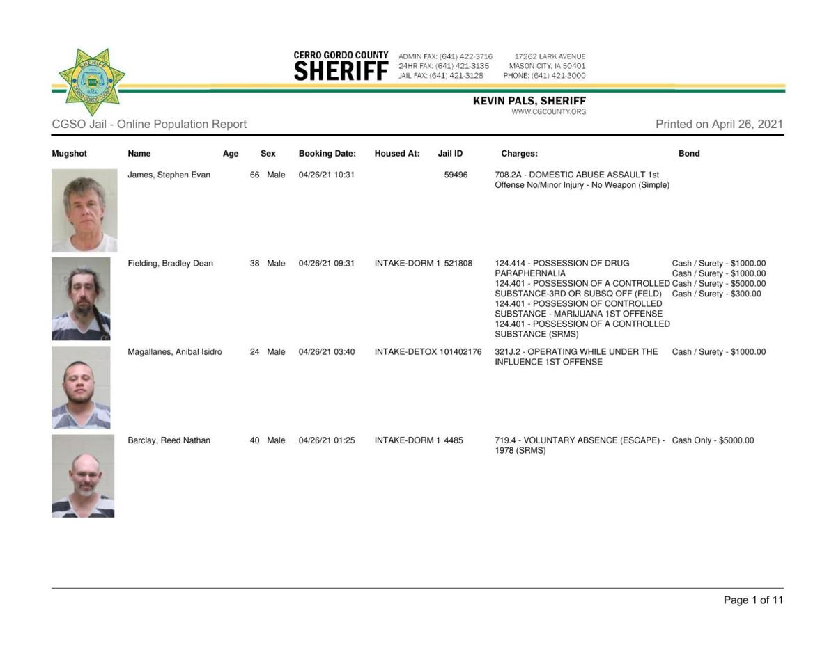 Cerro Gordo County Jail log for April 26