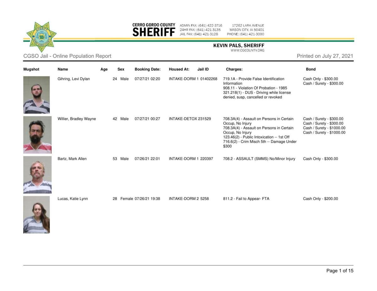 Cerro Gordo County Jail log for July 27