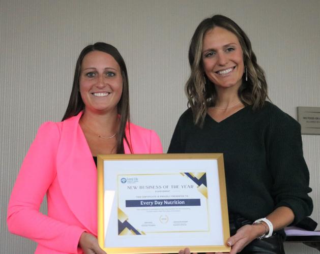 Ashley Pleogger of Everyday Nutrition is pictured with Forest City Chamber Executive Director Julianna Burkholder after winning the New Business of the Year community partnership award..JPG