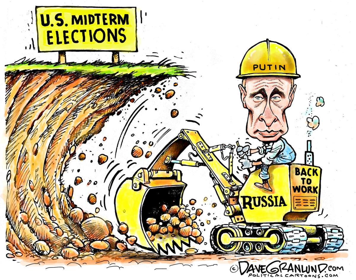 Political cartoon U.S. Russian roulette Trump Putin NRA gun