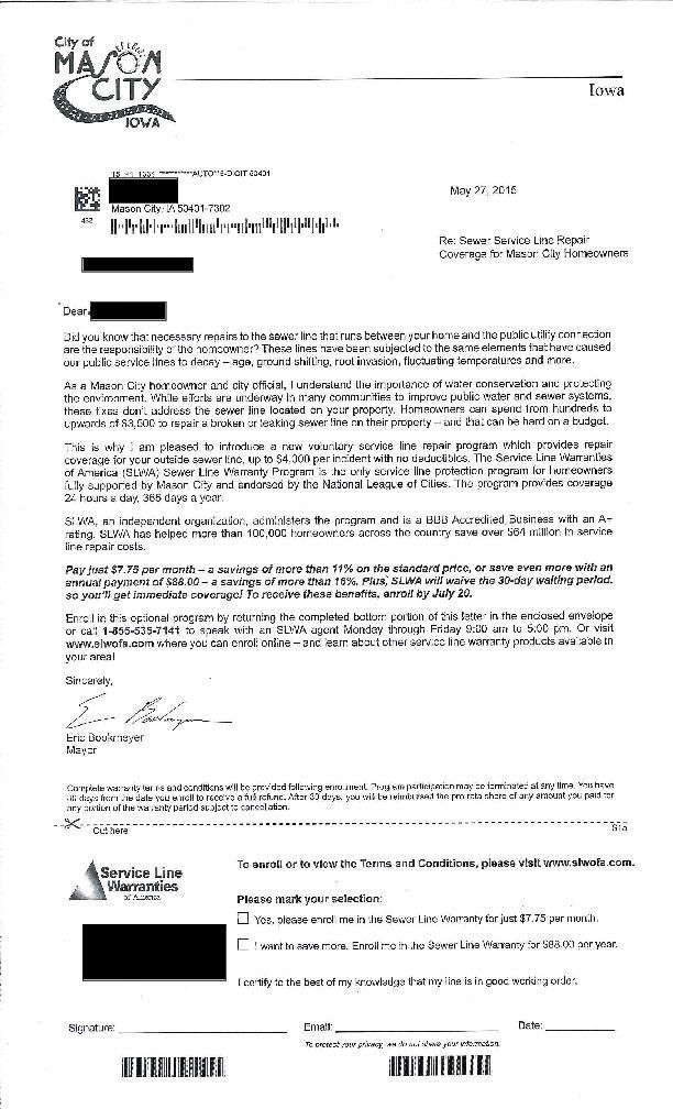 Sewer Service Line Repair letter