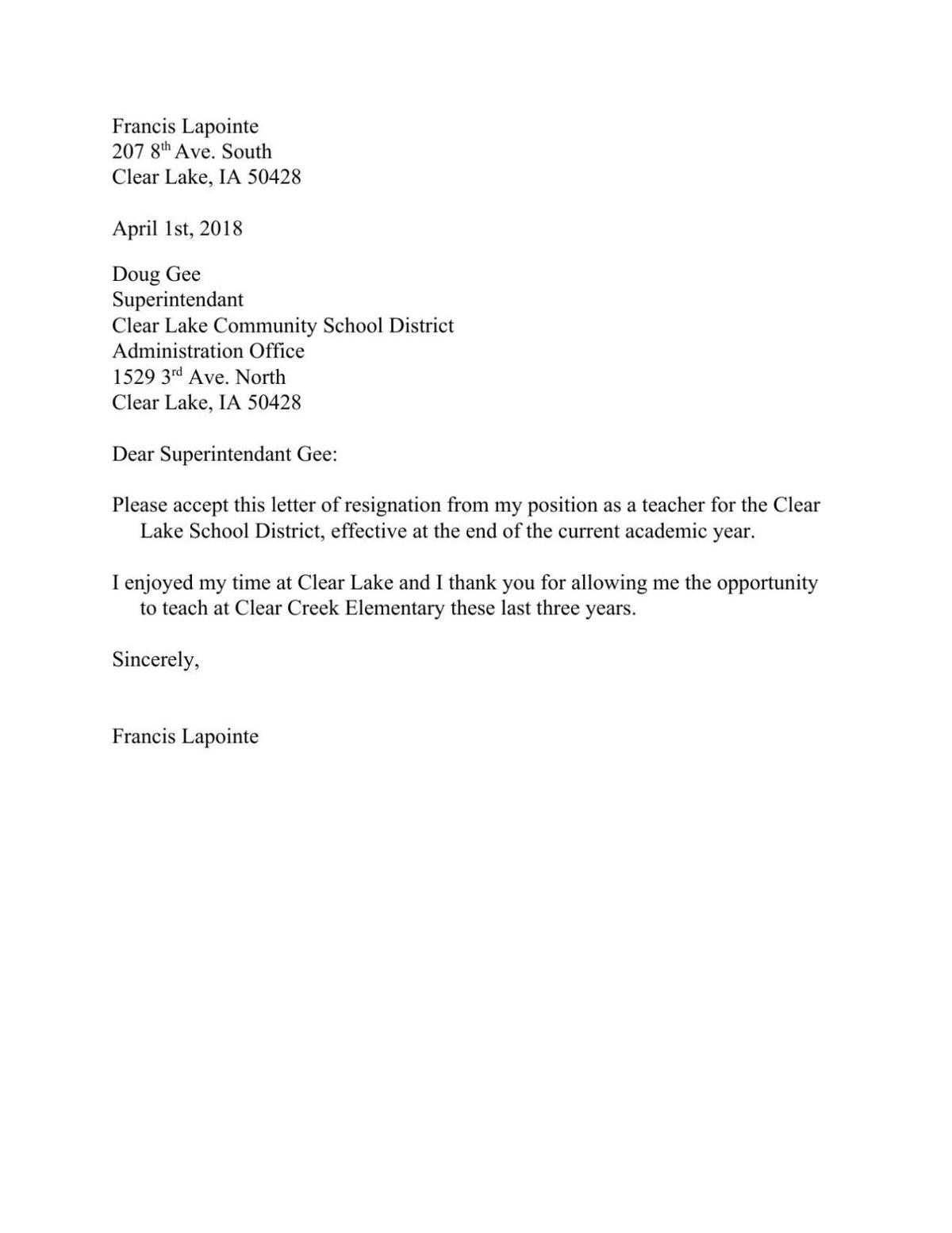 Lapointe Resignation Letter Globegazette Com