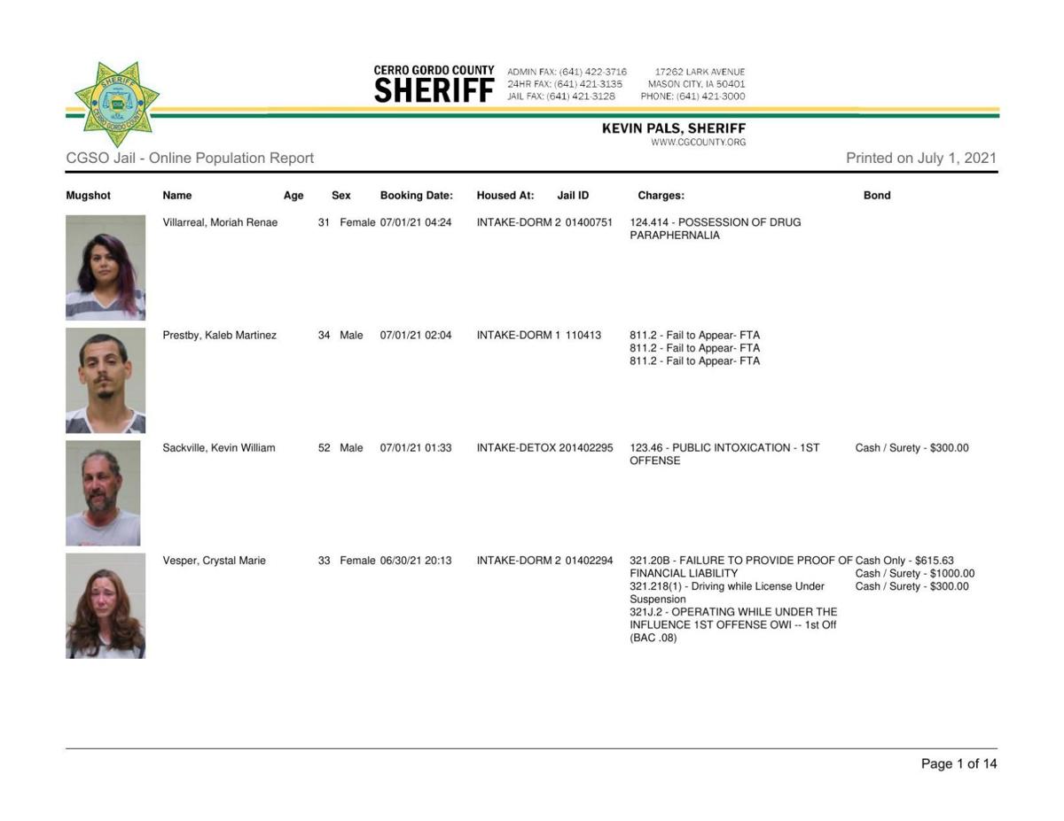 Cerro Gordo County Jail log for July 1