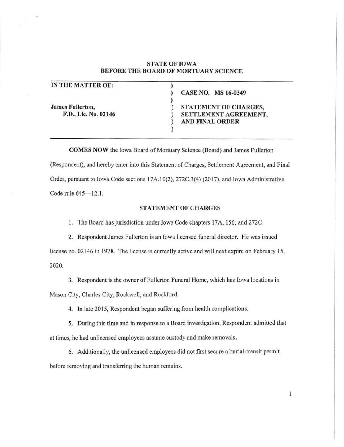 North Iowa Funeral Director Fined Placed On Administrative Probation Mason City North Iowa Globegazette Com